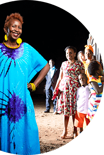 female with her family in the background